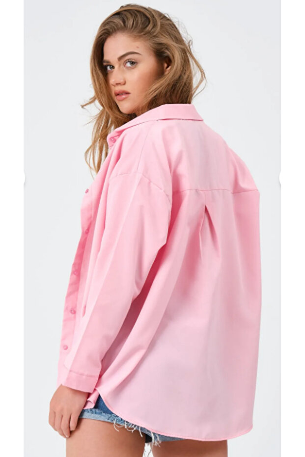 Kadın Oversize Basic Uzun Gömlek - Pembe - 3