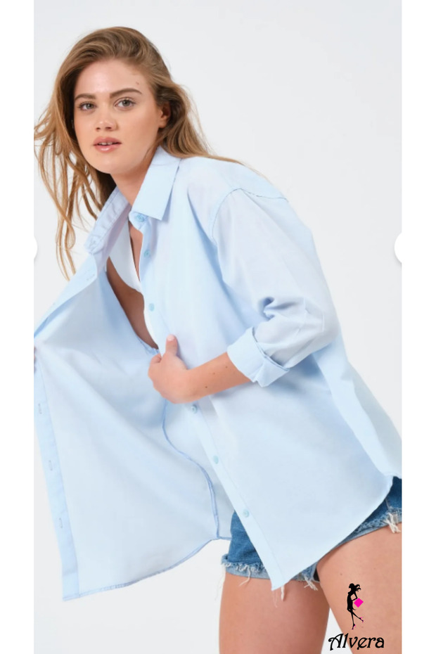 Kadın Oversize Basic Uzun Gömlek - Açık Mavi - 5