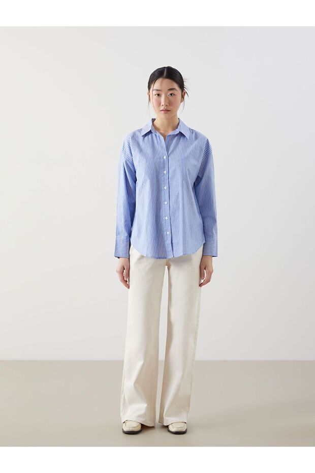 Çizgili Oversize Poplin Kadın Gömlek - 3