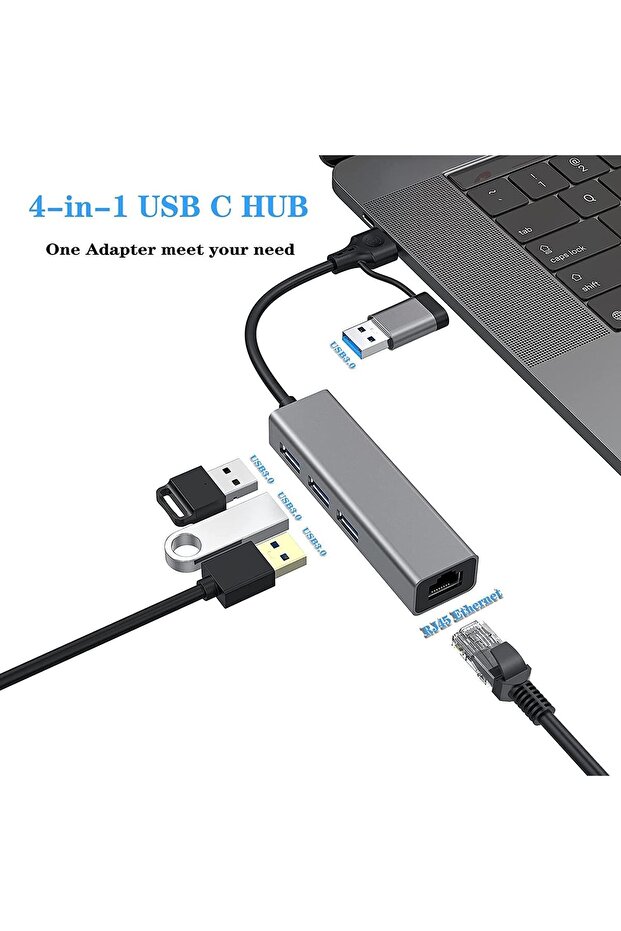 Multi Girişli USB ve Type-C Hub Adaptör to 3x USB 3.0 + Gigabit Ethernet 1000 Mbps Çevirici - 8