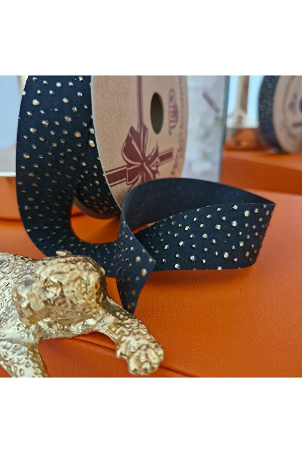 Black 2.5 cm gold dot printed ribbon, will be sent as 2 meters.