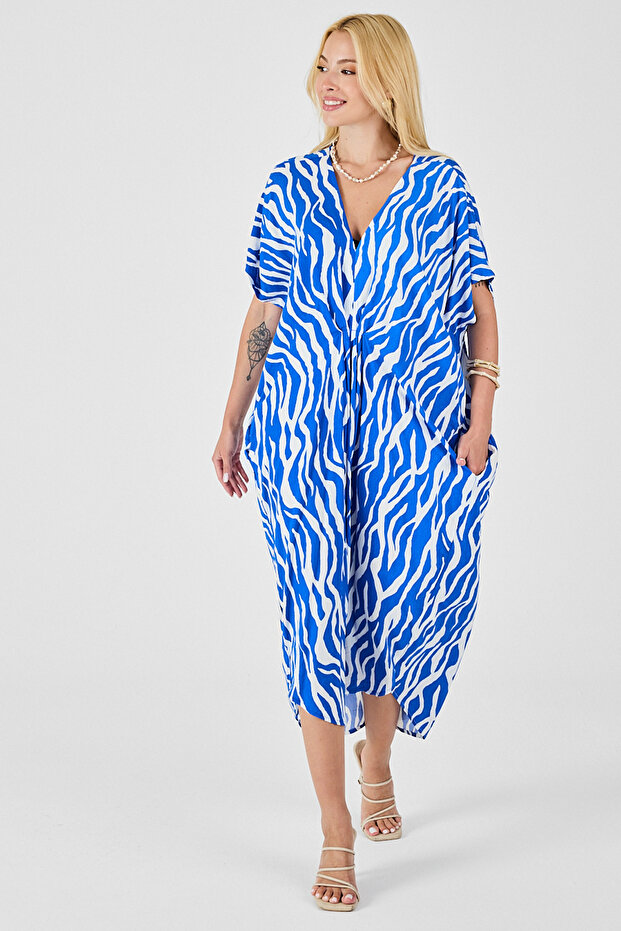 Rochie caftan cu decolteu în V cu model albastru pentru femei BCVL-254024 - 2