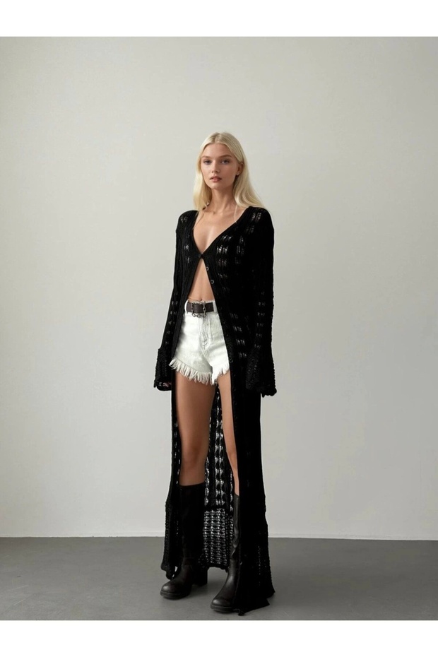 Women's Black Buttoned Openwork Spanish Sleeve Long Knitwear Cardigan