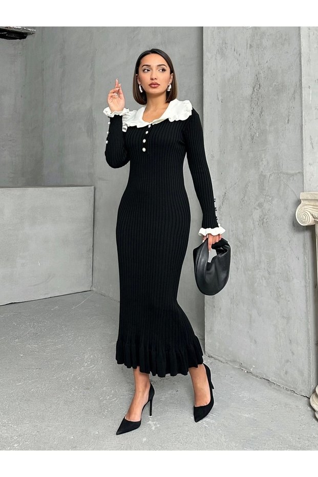 Women's Black Elegant Collar Detail Midi Length Knit Dress