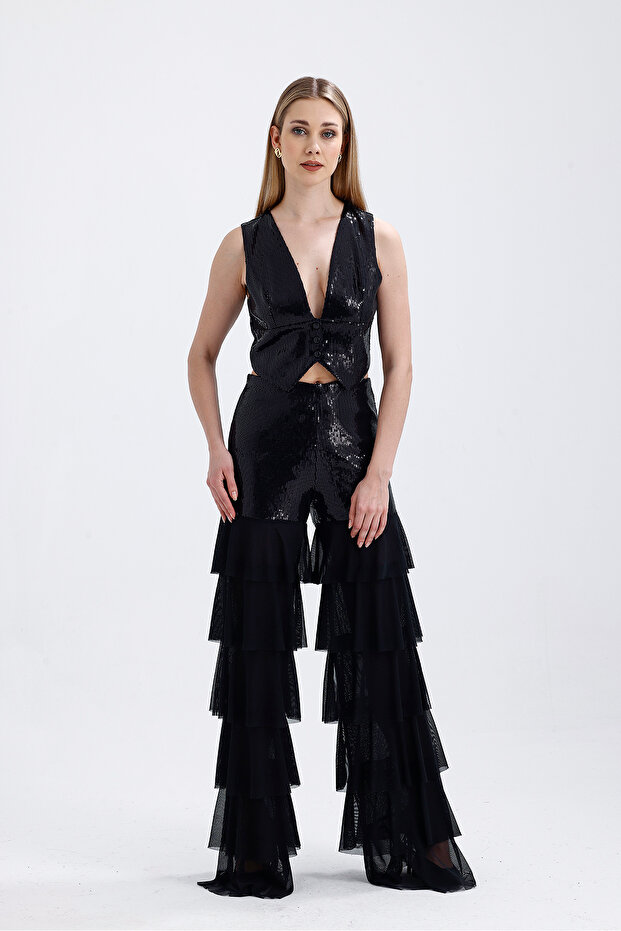 Black women's trousers with black sparkling sequin embroidered layers and volants | Pnt 36073