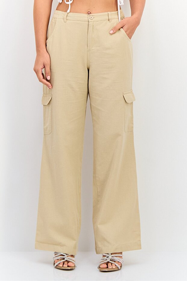 Women Regular Fit Plain Wide Leg Pants, Beige