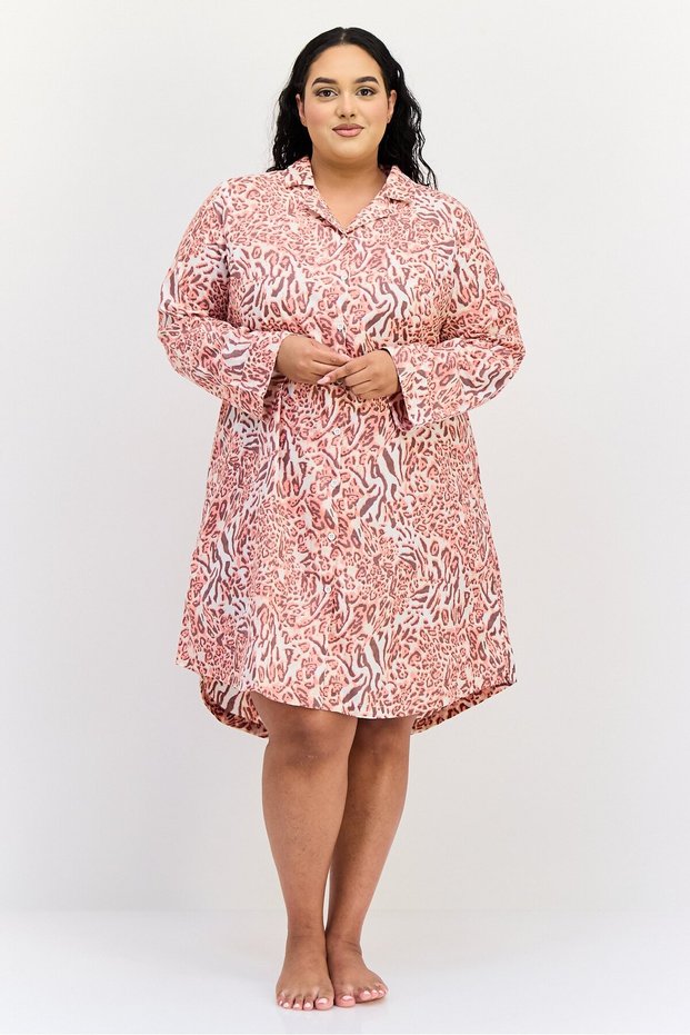 Women Animal Print Long Sleeves Sleepwear Dress, Multicolor