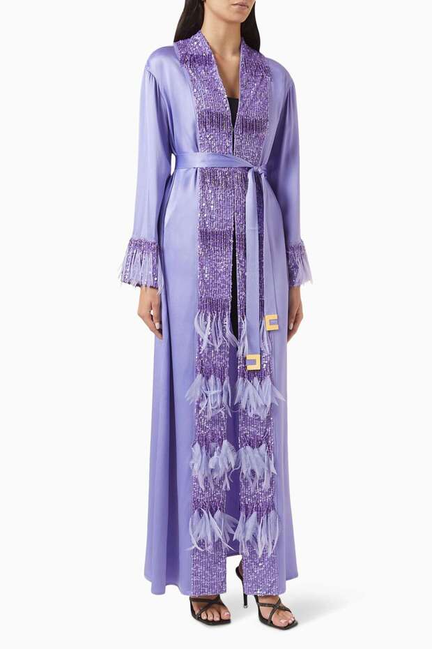 Şık İpek Kaftan Elbise Dantel İşlemeli Uzun Kollu ve Metal Kemerli Tasarım - 1