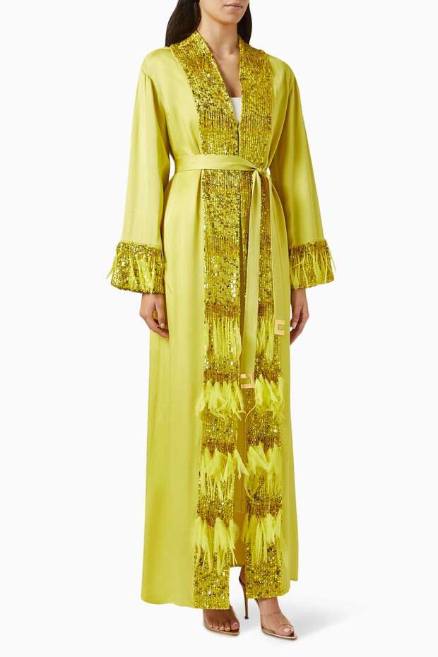 Şık İpek Kaftan Elbise Dantel İşlemeli Uzun Kollu ve Metal Kemerli Tasarım - 1