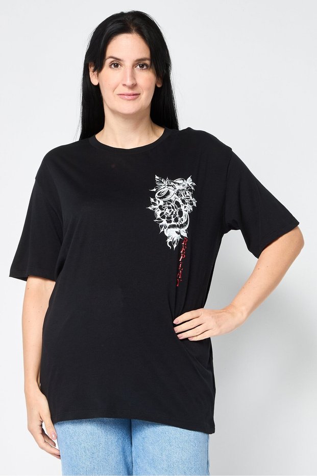 Women Crew Neck Short Sleeve Graphic Print T-Shirt, Black