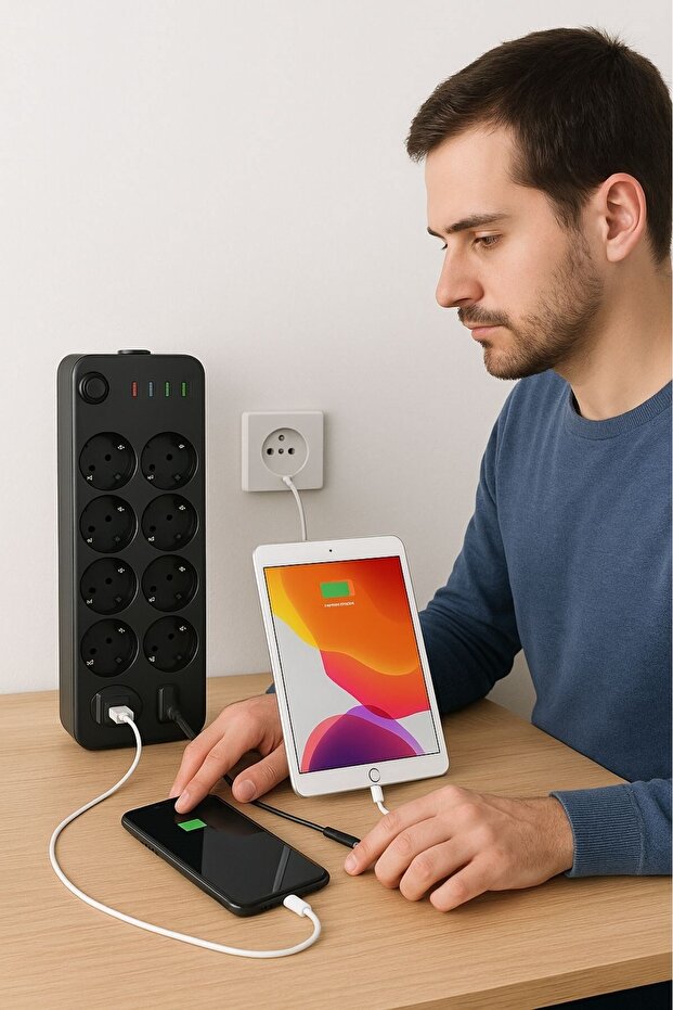 1.BUFFER® Akım Korumalı Termal Uzatma Kablosu – 10 Priz, 2 USB ve 2 Type-C Girişli, Güçlü Çoklu Priz - 2