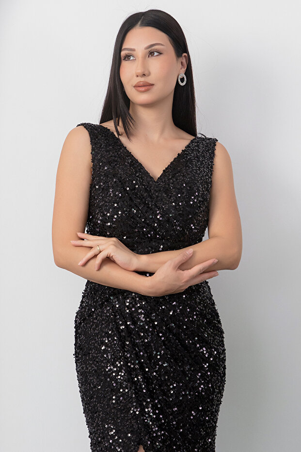 Kruvaze Yaka Yırtmaçlı Pulpayet Elbise ECR5495 - 2