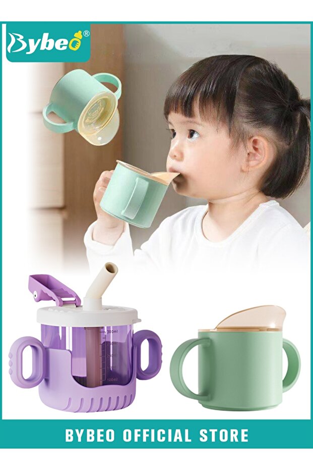 2PCS Baby Sippy Cup with Straw, Silicone Straw Cup + Trainer Cup with Deflector Cap for Boys Girls C