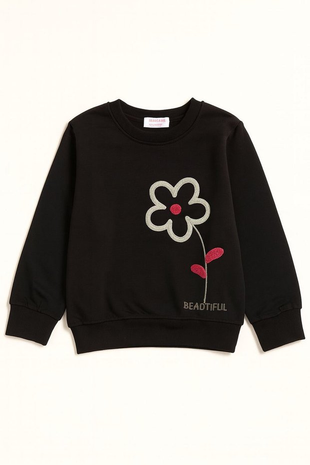 My Little Girl's Beautiful Flower Detailed Girl's Sweatshirt - Black