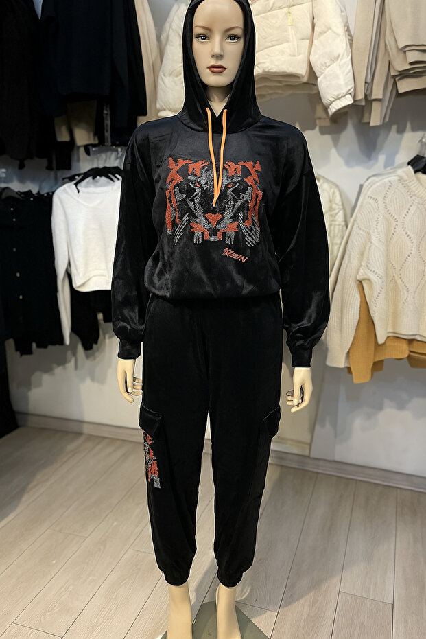 Women's Velvet Tracksuit Set with Stone Print