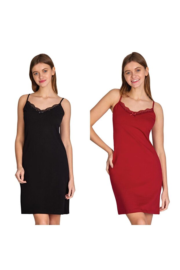 Solid Color Black Burgundy Lace Lycra Combed Cotton Nightgown with Rope Straps, Pack of 2