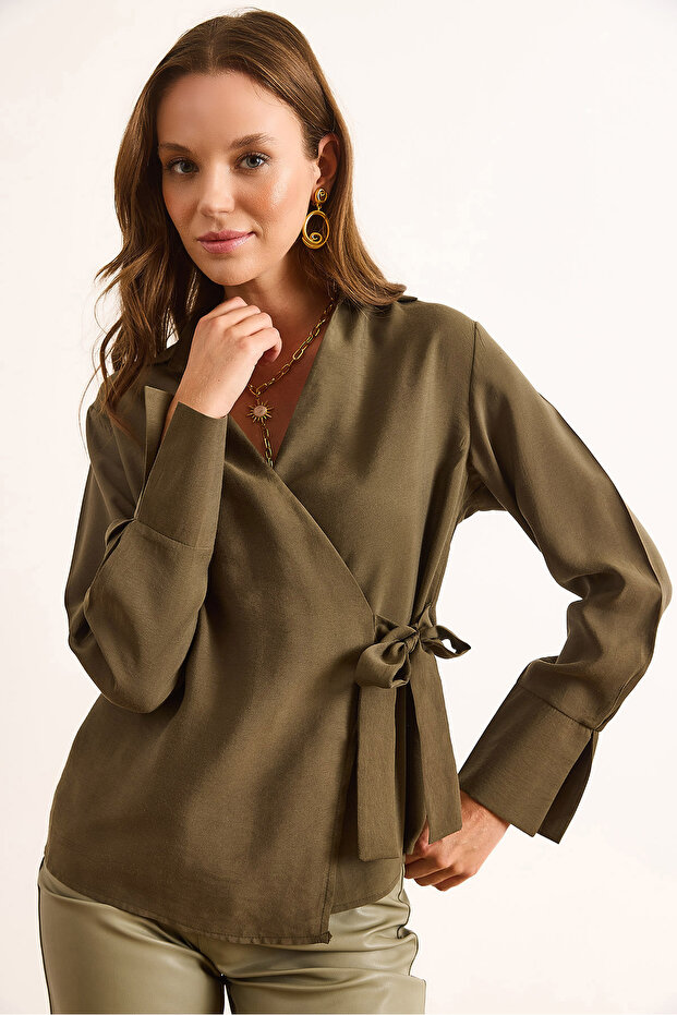 Women's Khaki Shirt Detailed Side Tie Woven Modal Blouse Blz-19003092