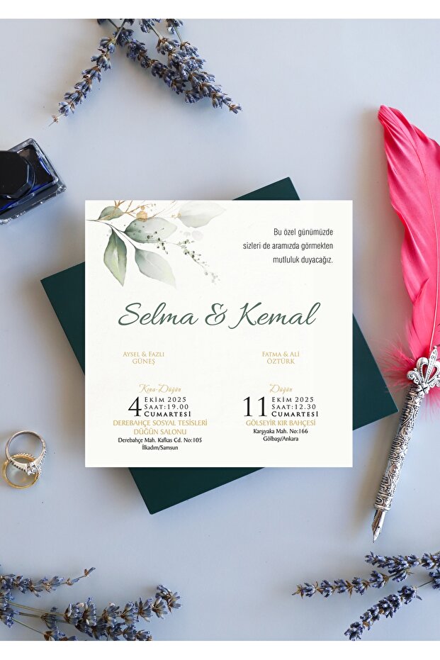 50 Adet Davetiye - Yeşil - 2025 Kapaklı Yaldızlı Yeni Model - Düğün - Nişan - Kına Davetiyesi-2059 - 3