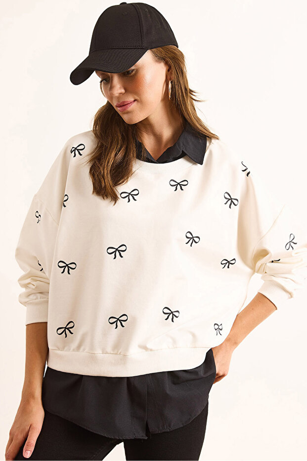 Women's White Black Bow Printed Collar Skirt Shirt Detailed Oversize Sweatshirt Swt-19000730