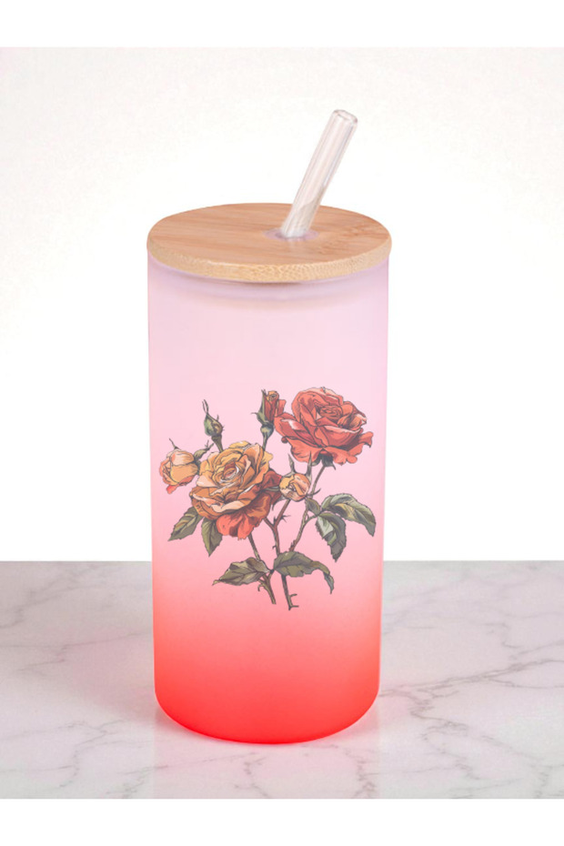 Rose Bouquet Printed 600 ml Glass Flask - Water Flask, Drinking Flask, Glass Flask with Straw - 1
