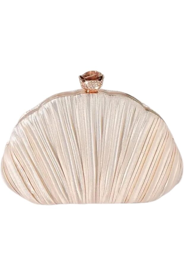 Champagne Shell-Shaped Evening Clutch – Elegant Crossbody Purse for Women with Removable Strap –