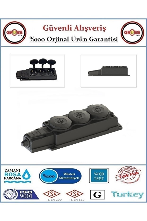 Kauçuk Monofaze 1X16 Amper - 220 Volt Topraklı Üçlü Grup Dişi Fiş - 1