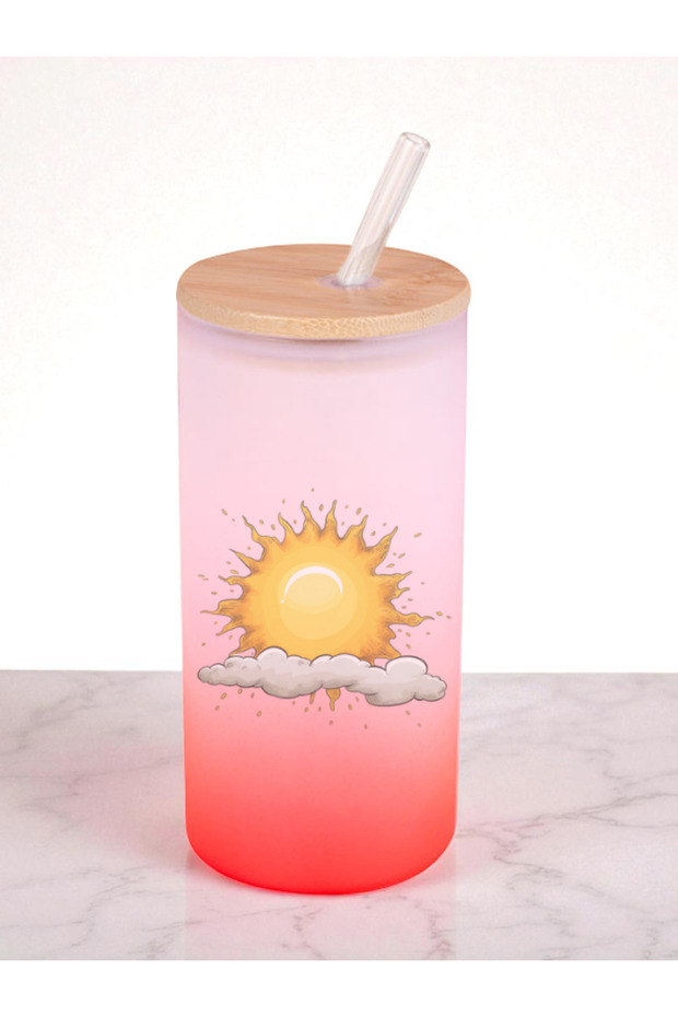 Sun and Cloud Printed 600 ml Glass Flask - Water Flask, Drinking Flask, Glass Flask with Glass Straw - 1