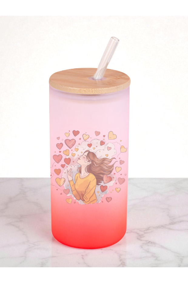 Heart-Shaped Women's Printed 600 ml Glass Flask - Water Flask, Water Bottle Flask, Glass Flask with Straw
