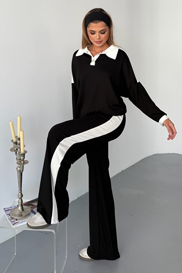 Black Modal Fabric Cotton Double Set - Top and Bottom Set with Buttoned Collar - 5