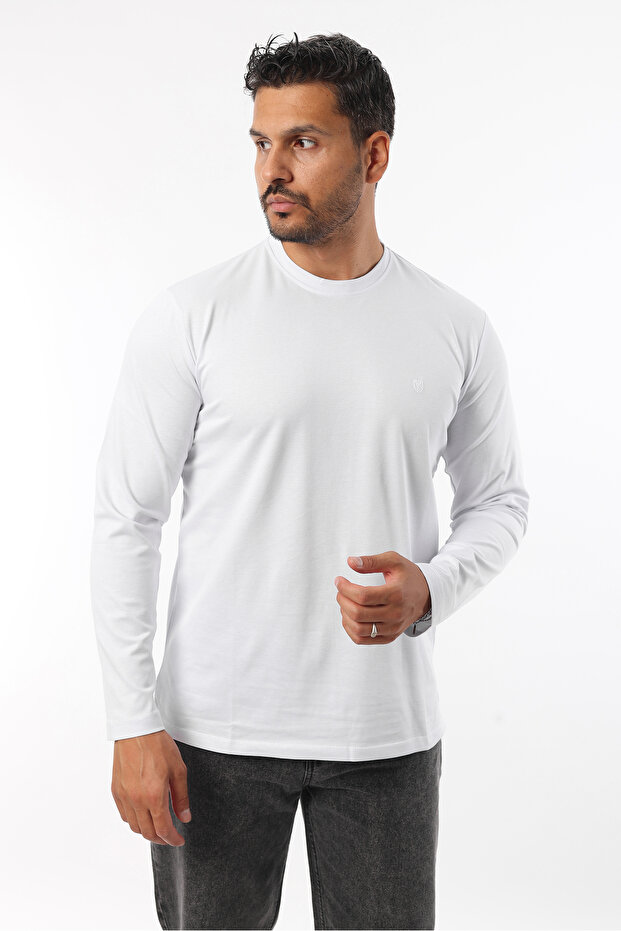 Men's Relaxed Fit Long Sleeve Crew Neck White Basic Slim T-Shirt