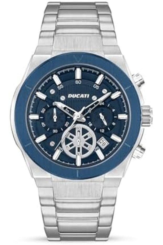 DT004 Men's Chronograph Watch with Blue Textured Dial, Contrast Accents, Stainless Steel Brac