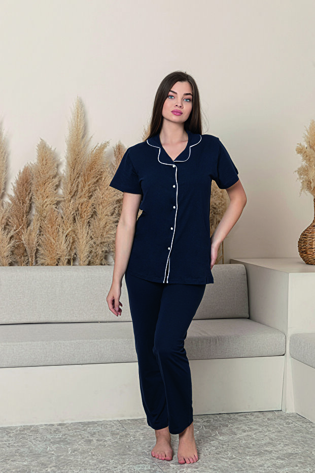 Women's 100% Cotton Piped High-Quality Shirt Collar Buttoned Short-Sleeve Plus Size Pajama Set