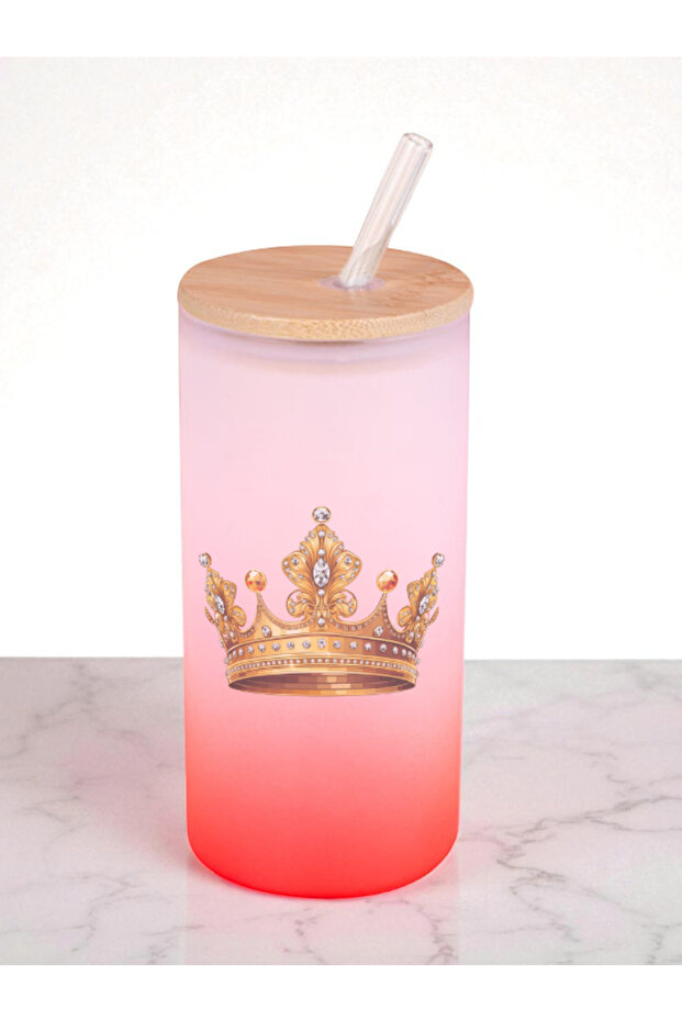 King Crown Printed 600 ml Glass Flask - Water Flask, Drinking Flask, Glass Flask with Straw