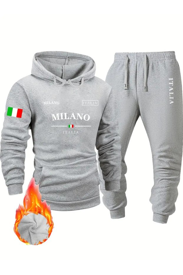 Men's Fashion Sport Sweatshirt Set, Milano Letter and Flag Printed Hoodie and Sports Pants Set
