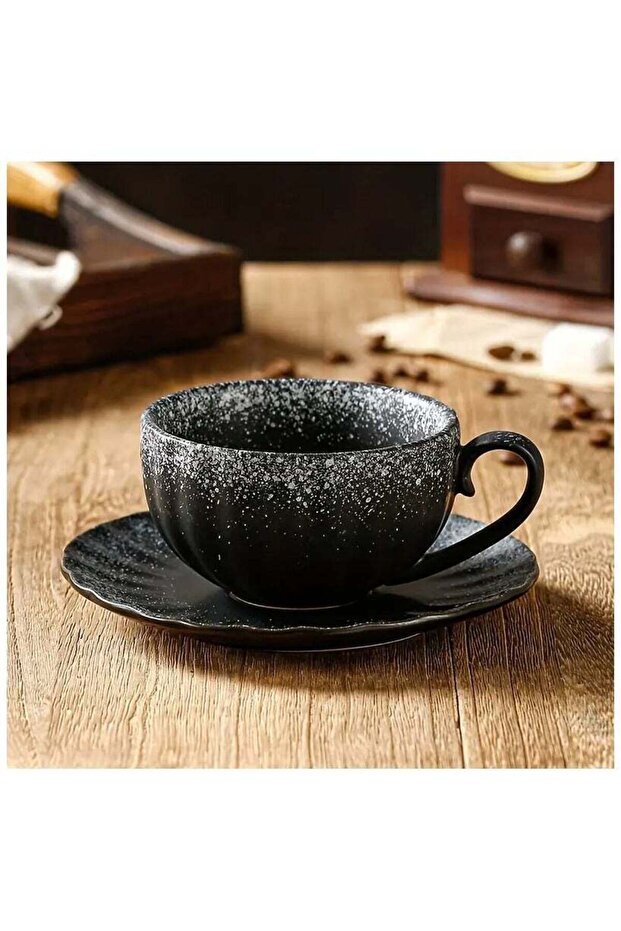 Ceramic Cup with Saucer in Black and White Polka Dots