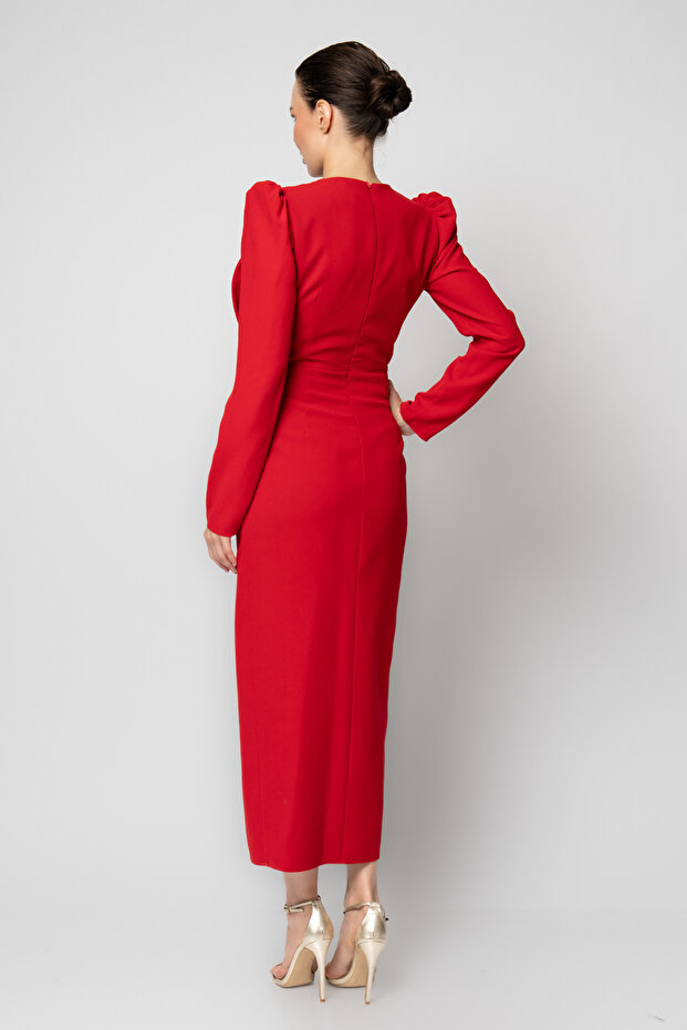 Belinde büyük yaprak çiçekli uzun kollu krep abiye elbise - 3