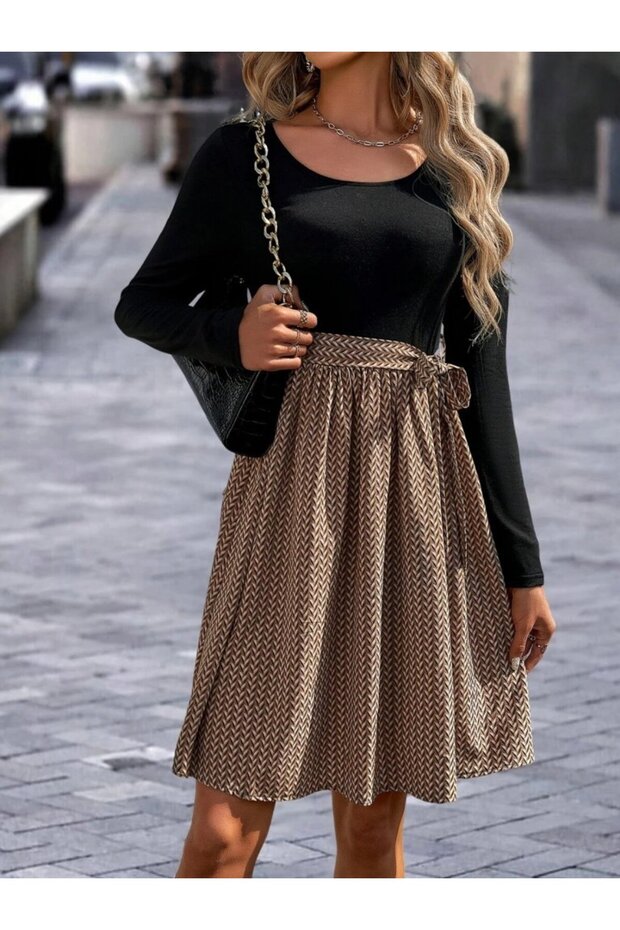 Kadın U Yaka Uzun Kollu Üst Viskon Alt Süprem Midi Elbise - 3