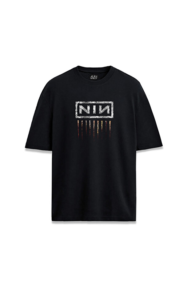 تي شيرت عادي للجنسين مطبوع عليه نص NIN من Nine Inch Nails مقاس 9 بوصات