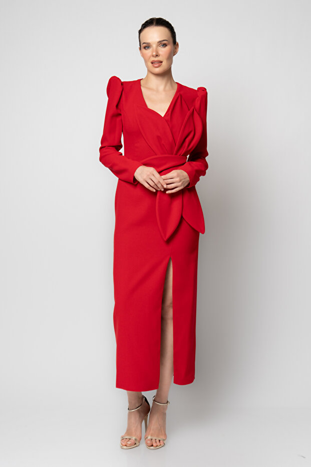 Belinde büyük yaprak çiçekli uzun kollu krep abiye elbise - 1