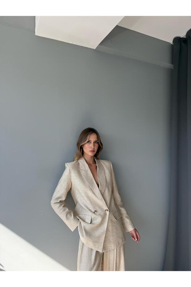 Dark Beige Linen Jacket and Pants Set