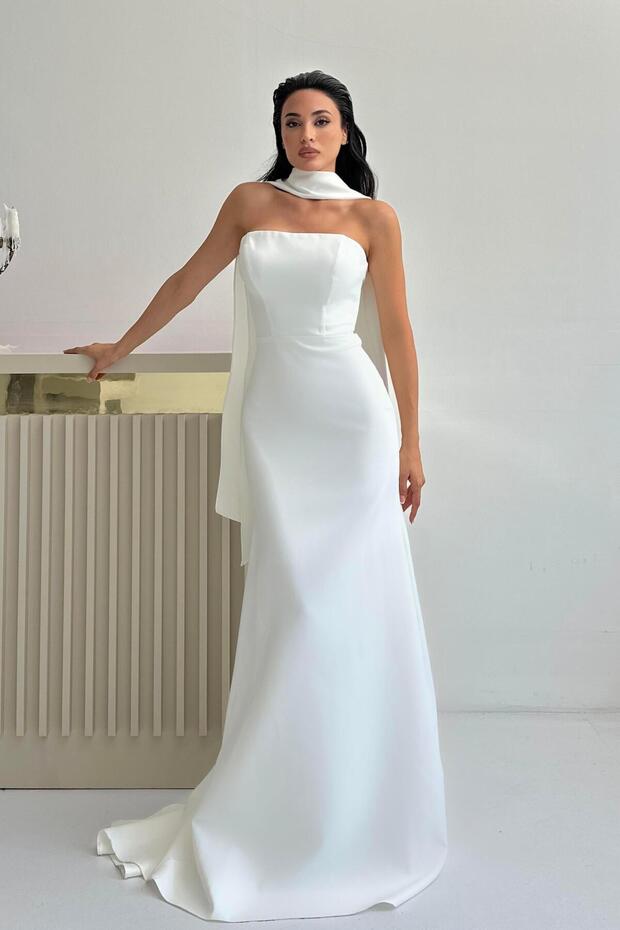 White Shawl Collar Detailed Strapless Evening Dress