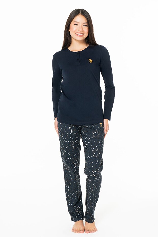 20161 Women's Navy Blue Round Neck Long Sleeve Pajama Set