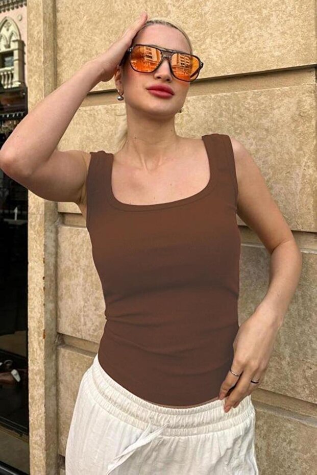 Kahve Fitilli Görünümlü Askılı Basic Atlet SH210 - 3