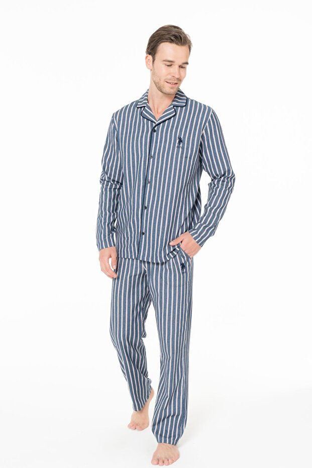 18993 Men's Navy Blue Long Sleeve Pajama Set with Front Button Detail