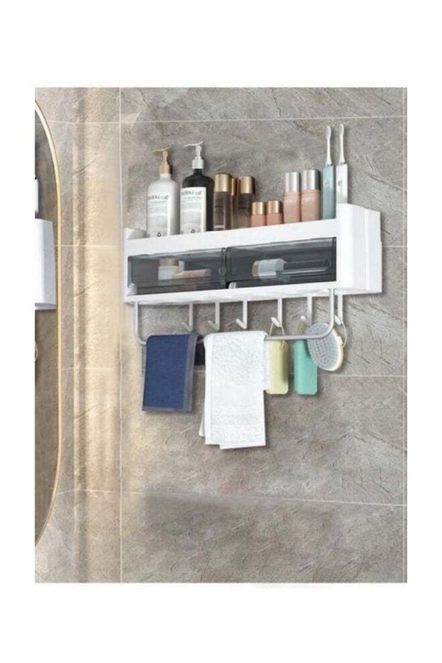 Wall Mounted Bathroom Rack With Drawer Wall Hanger Bath Organizer With Hooks and Towel Bar