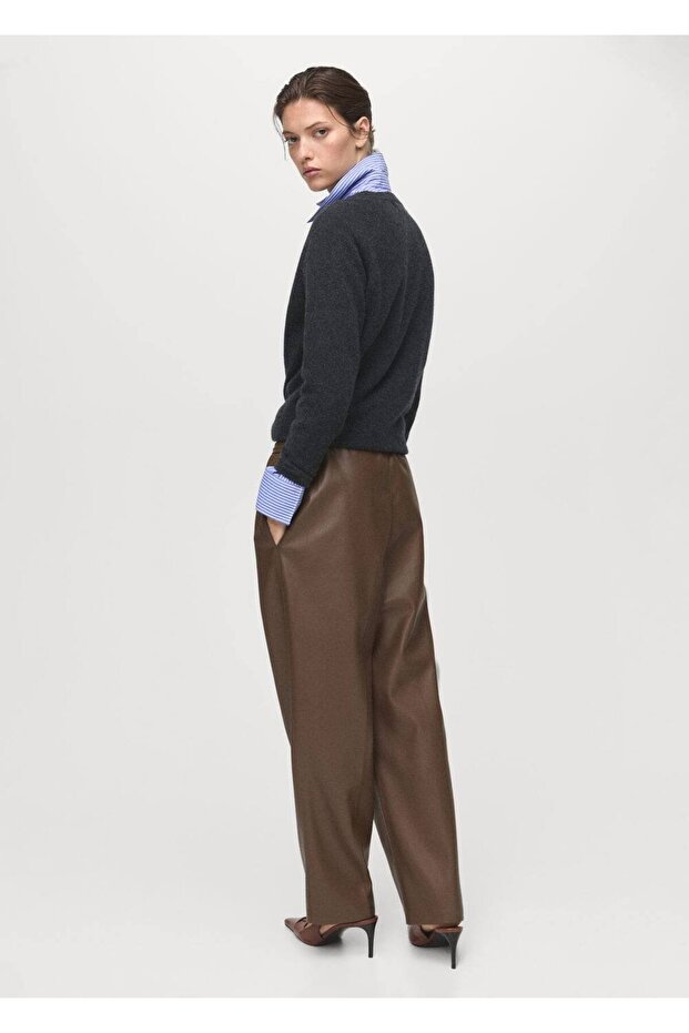 Deri görünümlü elastik belli pantolon - 4