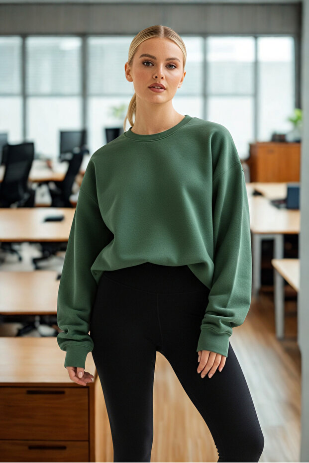 Kadın Oversize Kışlık Salaş Yeşil Sweatshirt - 5