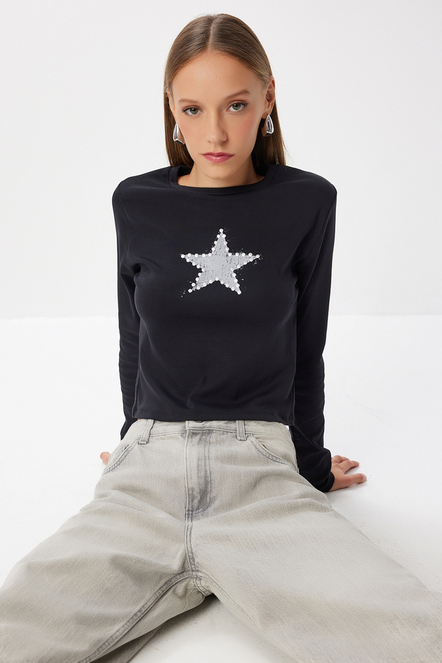 Star Printed Stone Detailed Crop Knitted Blouse Lub0229 Black