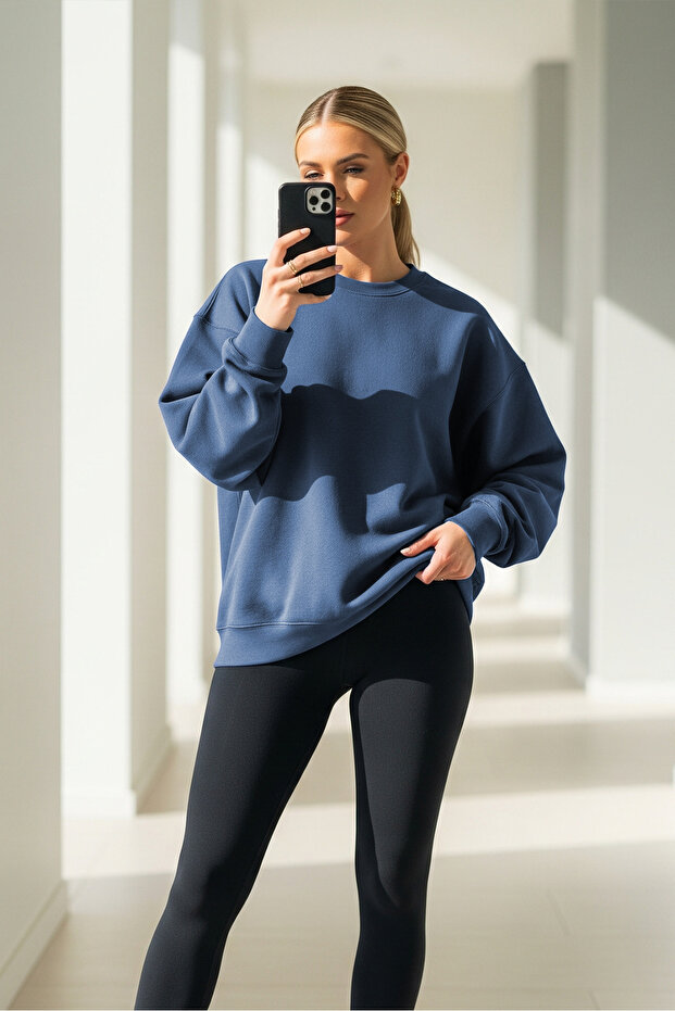 Kadın Oversize Kışlık Salaş Saks Sweatshirt - 2