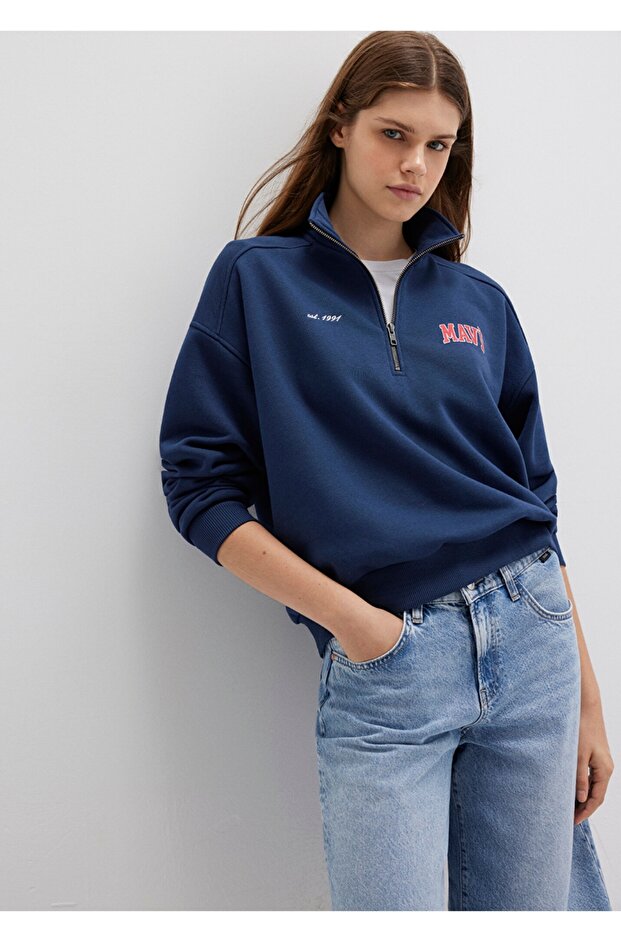 Logo Printed Half Zip Loose Fit (Relaxed Fit) Sweatshirt